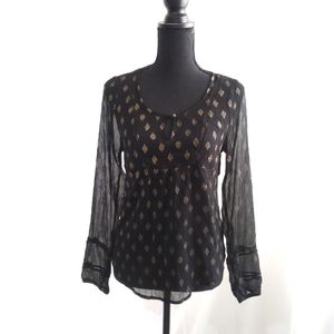 Lucky brand small sheer black gold pattern blouse